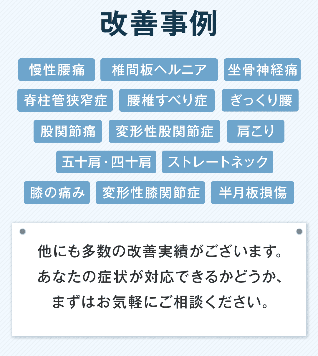 改善事例 慢性腰痛／椎間板ヘルニア／坐骨神経痛／脊柱管狭窄症／腰椎すべり症／ぎっくり腰／股関節痛／変形性股関節症／肩こり／五十肩・四十肩／ストレートネック／膝の痛み／変形性膝関節症／半月板損傷 他にも多数の改善実績がございます。 あなたの症状が対応できるかどうか、まずはお気軽にご相談ください。